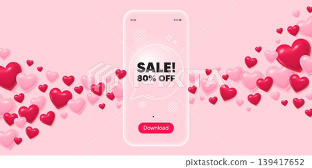 Sale glass mobile phone. 3d hearts pink background. Sale 80 percent off discount. Promotion price offer sign. Retail badge symbol. Transparent speech bubble banner. Flying hearts. Vector 139417652