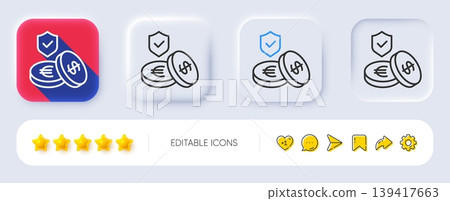 Savings insurance line icon. Neumorphic, Flat shadow, 3d buttons. Risk coverage sign. Money protection symbol. Line savings insurance icon. Social media icons. Vector 139417663