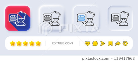 Chef line icon. Neumorphic, Flat shadow, 3d buttons. Chief-cooker with burger sign. Fast food symbol. Line chef icon. Social media icons. Vector 139417668