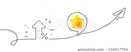 Increasing percent line icon. Continuous line with share plane. Discount sign. Credit percentage growing symbol. 3d star in speech bubble. Increasing percent single line ribbon. Vector 139417704