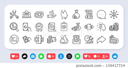 Networking, Currency exchange and Bribe line icons pack. Social media: share, comment, like icons. No card, Cash back, Auction hammer web icon. Finance, Cut tax, Currency audit pictogram. Vector Networking, Currency exchange and Bribe line icons pack. Social media: share, comment, like icons. No card, Cash back, Auction hammer web icon. Finance, Cut tax, Currency audit pictogram. Vector 139417724
