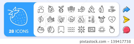 Organic tested, Seafood and Antistatic line icons. Interest rate, AI generate, Inflation icons. Pack of Dirty water, Weather thermometer, Mineral oil icon. Vector Organic tested, Seafood and Antistatic line icons. Interest rate, AI generate, Inflation icons. Pack of Dirty water, Weather thermometer, Mineral oil icon. Vector 139417738