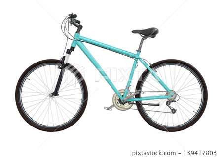 Blue teal bicycle, side view. Black leather saddle and handles. Png clipart isolated on transparent background 139417803