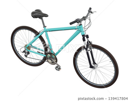 Blue teal bicycle, side top view. Black leather saddle and handles. Png clipart isolated on transparent background Blue teal bicycle, side top view. Black leather saddle and handles. Png clipart isolated on transparent background 139417804