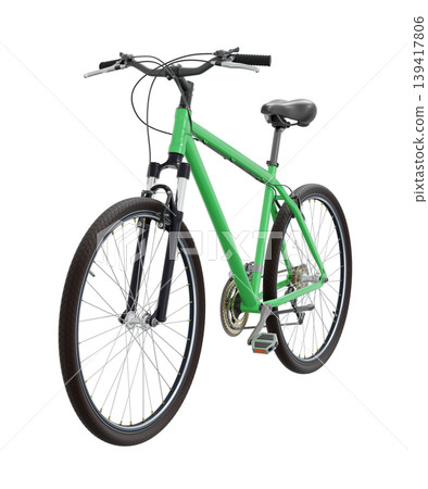 Green bicycle, front side view. Black leather saddle and handles. Png clipart isolated on transparent background Green bicycle, front side view. Black leather saddle and handles. Png clipart isolated on transparent background 139417806