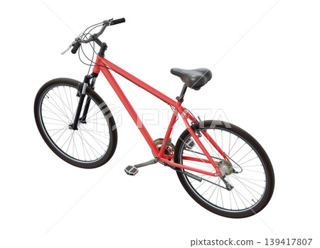 Red bicycle, side top view. Black leather saddle and handles. Png clipart isolated on transparent background Red bicycle, side top view. Black leather saddle and handles. Png clipart isolated on transparent background 139417807