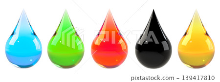 Collection of blue green red black and yellow drops 3D illustration 139417810