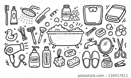 Hand drawn doodle Bathroom icons set. Vector illustration Hand drawn doodle Bathroom icons set. Vector illustration 139417811