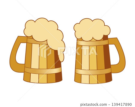 Wooden mugs set with beer foam, cartoon flat vector illustration 139417890