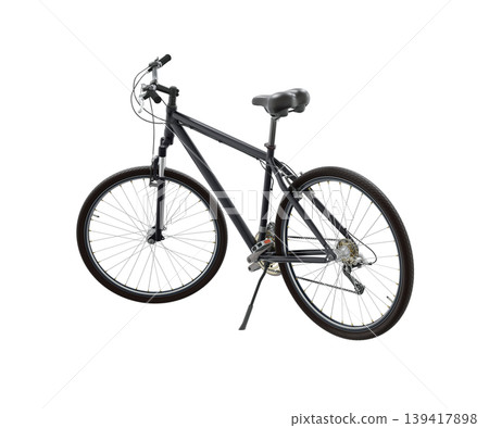 Black bicycle standing on kickstand 139417898