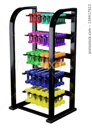 Gym Dumbbell rack with colorful dumbbells, weightlifting gym equipment stand Gym Dumbbell rack with colorful dumbbells, weightlifting gym equipment stand 139417923