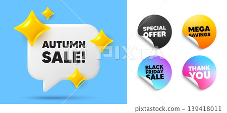 Autumn sale speech bubble, sticker tags. Offer, Black friday stickers. Autumn Sale tag. Special offer price sign. Advertising Discounts symbol. Thank you tag. 3d sparkle chat bubble. Vector Autumn sale speech bubble, sticker tags. Offer, Black friday stickers. Autumn Sale tag. Special offer price sign. Advertising Discounts symbol. Thank you tag. 3d sparkle chat bubble. Vector 139418011