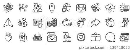 Coins bags, Currency and Tomato line icons pack. Share, Message, Paper plane icons. Music app, Video conference, Couple web icon. Fraud, Scroll down, Customer survey pictogram. Vector 139418033