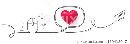 Computer Mouse icon. Continuous line with share plane. Internet surf device sign. PC equipment symbol. 3d heart in speech bubble. Computer Mouse single line ribbon. Loop curve pattern. Vector Computer Mouse icon. Continuous line with share plane. Internet surf device sign. PC equipment symbol. 3d heart in speech bubble. Computer Mouse single line ribbon. Loop curve pattern. Vector 139418047