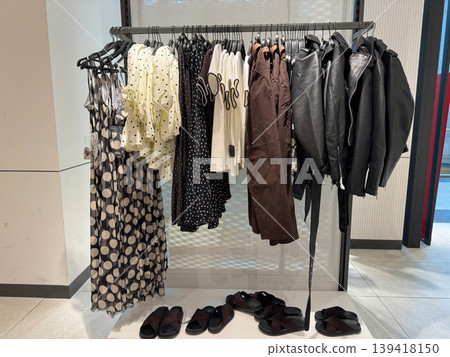 Stylish clothing rack polka dot dresses leather jackets fashion boutique collection Stylish clothing rack polka dot dresses leather jackets fashion boutique collection 139418150