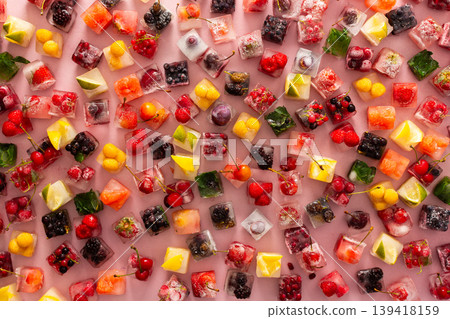 Ice cubes with frozen berries and fruits and mint on a pink background 139418159