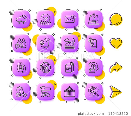 Communication, Global business and Bike timer line icons. App 3d buttons. Social media comment, share, like icons. Pack of Baggage app, Electric bike, New message icon. Vector Communication, Global business and Bike timer line icons. App 3d buttons. Social media comment, share, like icons. Pack of Baggage app, Electric bike, New message icon. Vector 139418220