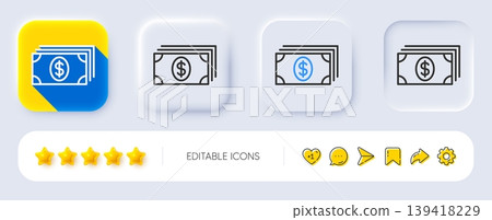 Cash money line icon. Neumorphic, Flat shadow, 3d buttons. Banking currency sign. Dollar or USD symbol. Line banking icon. Social media icons. Vector Cash money line icon. Neumorphic, Flat shadow, 3d buttons. Banking currency sign. Dollar or USD symbol. Line banking icon. Social media icons. Vector 139418229