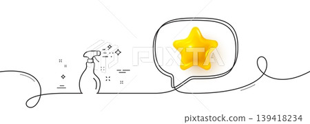 Cleaning spray line icon. Continuous line with 3d star. Washing liquid or Cleanser symbol. Housekeeping equipment sign. 3d star in speech bubble. Cleaning spray single line ribbon. Vector Cleaning spray line icon. Continuous line with 3d star. Washing liquid or Cleanser symbol. Housekeeping equipment sign. 3d star in speech bubble. Cleaning spray single line ribbon. Vector 139418234