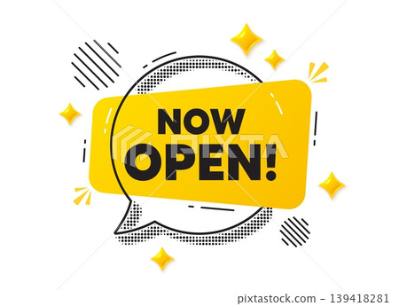 Now open chat speech bubble. Social media concept. Now open tag. Promotion new business sign. Welcome advertising symbol. Yellow chat message. Offer speech bubble. Glare 3d stars. Vector Now open chat speech bubble. Social media concept. Now open tag. Promotion new business sign. Welcome advertising symbol. Yellow chat message. Offer speech bubble. Glare 3d stars. Vector 139418281