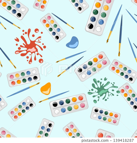 Minimalist Art Supplies Seamless Pattern Vector Watercolor Paints Brushes and Splashes Background for School Projects Wrapping Paper and Textile Design Minimalist Art Supplies Seamless Pattern Vector Watercolor Paints Brushes and Splashes Background for School Projects Wrapping Paper and Textile Design 139418287