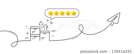 Wholesale goods line icon. Continuous line with share plane. Warehouse boxes sign. Logistic inventory symbol. Five star rate review in speech bubble. Wholesale goods single line ribbon. Vector 139418291
