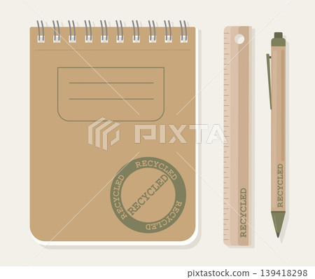Minimalist Eco Friendly Stationery Set Vector Kraft Paper Notebook Wooden Ruler and Recycled Pen Neatly Arranged for Sustainable Branding and Design 139418298