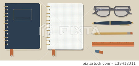 Professional Academic Stationery Set Vector Flat Lay Collection of Notebooks Glasses Pen and Ruler for University Branding and Office Design Assets Professional Academic Stationery Set Vector Flat Lay Collection of Notebooks Glasses Pen and Ruler for University Branding and Office Design Assets 139418311