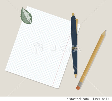 Minimalist School Paper Sheet Vector Flat Lay with Pen, Pencil and Sage Green Leaf. Academic Stationery Backdrop for Study Planning and Eco Design Minimalist School Paper Sheet Vector Flat Lay with Pen, Pencil and Sage Green Leaf. Academic Stationery Backdrop for Study Planning and Eco Design 139418315
