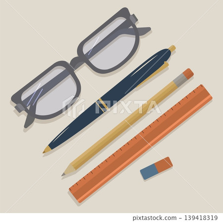 Dynamic Academic Stationery Set Vector Elegant Pen Pencil Wooden Ruler and Glasses Arranged Diagonally Professional Study and Branding Design Assets 139418319
