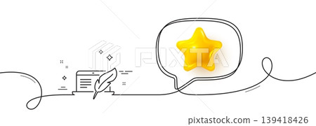 Copywriting notebook line icon. Continuous line with 3d star. Copyright feather sign. Media content symbol. 3d star in speech bubble. Copyright laptop single line ribbon. Loop curve pattern. Vector 139418426