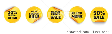Discount sticker tag. 50 percent discount, Black friday paper price banners. 30 percent discount offer tag. Sale price promo sign. Special offer symbol. Click here sticker. Vector Discount sticker tag. 50 percent discount, Black friday paper price banners. 30 percent discount offer tag. Sale price promo sign. Special offer symbol. Click here sticker. Vector 139418468
