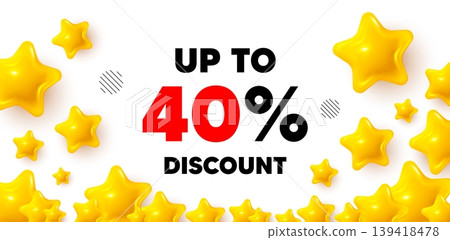Discount tag winner banner with 3d stars. Golden stars banner. Up to 40 percent discount. Sale offer price sign. Special offer symbol. Save 40 percentages. Review rate background. Vector Discount tag winner banner with 3d stars. Golden stars banner. Up to 40 percent discount. Sale offer price sign. Special offer symbol. Save 40 percentages. Review rate background. Vector 139418478