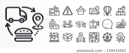 Warning, Search flight and Air balloon line icons for web app. Glare of light effect. Message icon. Pack of Wholesale goods, Baggage, Car charging pictogram icons. Vector Warning, Search flight and Air balloon line icons for web app. Glare of light effect. Message icon. Pack of Wholesale goods, Baggage, Car charging pictogram icons. Vector 139418485
