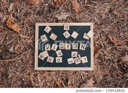 Creative Vision Board with Wooden Letters on Ground Creative Vision Board with Wooden Letters on Ground 139418642