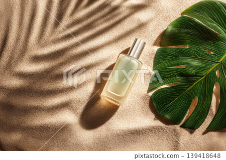 Aromatherapy bottle with tropical leaf on soft fabric, evoking relaxation and tranquility Aromatherapy bottle with tropical leaf on soft fabric, evoking relaxation and tranquility 139418648
