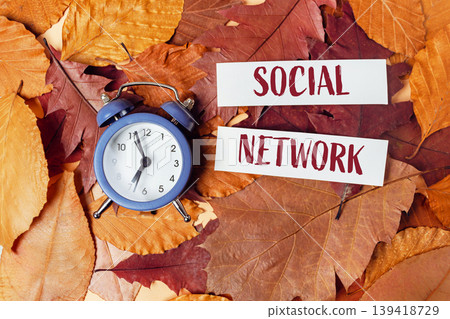 Vintage alarm clock on autumn leaves with social network text for seasonal marketing concepts Vintage alarm clock on autumn leaves with social network text for seasonal marketing concepts 139418729