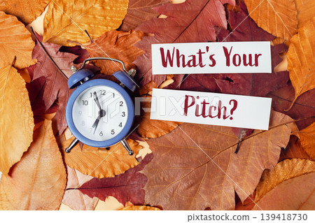 Clock is on a pile of leaves with the words Whats your pitch Clock is on a pile of leaves with the words Whats your pitch 139418730