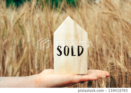 Hand holding wooden house sign with 'SOLD' text in a golden wheat field during sunny day 139418765