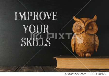 Wooden owl sits on a book with the words improve your skills Wooden owl sits on a book with the words improve your skills 139418922