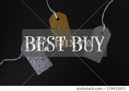 Colorful discount tags in silver and gold on a dark background, showcasing vibrant sale labels, emphasizing shopping, savings, and promotional offers for consumers 139418951