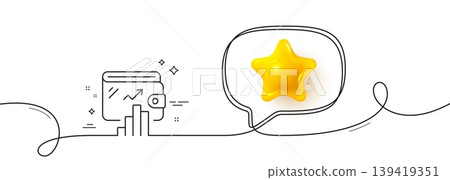 Wallet line icon. Continuous line with 3d star. Money account statistics sign. Cash budget symbol. 3d star in speech bubble. Wallet single line ribbon. Loop curve pattern. Vector 139419351