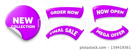 New collection purple sticker, Sale offer ribbons. Final sale, Order now. New collection tag. New fashion arrival sign. Advertising offer symbol. Sticker badge. Flag ribbon banners. Vector New collection purple sticker, Sale offer ribbons. Final sale, Order now. New collection tag. New fashion arrival sign. Advertising offer symbol. Sticker badge. Flag ribbon banners. Vector 139419361