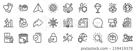 People chatting, Speedometer and Umbrella line icons pack. Share, Message, Paper plane icons. Phone insurance, Loyalty tags, Search web icon. Money, No handbag, Lock pictogram. Vector People chatting, Speedometer and Umbrella line icons pack. Share, Message, Paper plane icons. Phone insurance, Loyalty tags, Search web icon. Money, No handbag, Lock pictogram. Vector 139419378