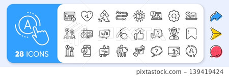 UX line icons. Interest rate, AI generate, Inflation icons. Set of AB testing, Journey path map and Question mark icons. Usability quiz test, Ux Ui and User flow. Vector UX line icons. Interest rate, AI generate, Inflation icons. Set of AB testing, Journey path map and Question mark icons. Usability quiz test, Ux Ui and User flow. Vector 139419424