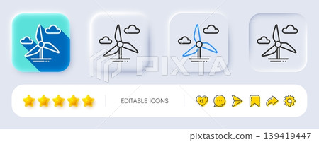 Windmill turbine line icon. Neumorphic, Flat shadow, 3d buttons. Wind power energy sign. Alternative supply symbol. Line windmill turbine icon. Social media icons. Vector 139419447