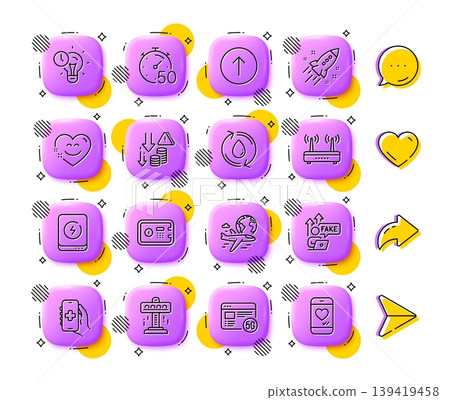 International flight, Fake internet and Power bank line icons. App 3d buttons. Social media comment, share, like icons. Pack of Timer, Attraction, Refill water icon. Vector International flight, Fake internet and Power bank line icons. App 3d buttons. Social media comment, share, like icons. Pack of Timer, Attraction, Refill water icon. Vector 139419458