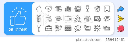 Cardboard box, Portfolio and Cashback card line icons. Interest rate, AI generate, Inflation icons. Pack of Bathrobe, Money wallet, Boxes shelf icon. Vector Cardboard box, Portfolio and Cashback card line icons. Interest rate, AI generate, Inflation icons. Pack of Bathrobe, Money wallet, Boxes shelf icon. Vector 139419461