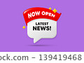 Latest news chat speech bubble. Now open flag ribbon. Latest news tag. Media newspaper sign. Daily information symbol. 3d sparkle stars speech bubble. Vector 139419468