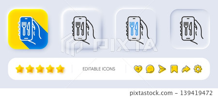 Restaurant app line icon. Neumorphic, Flat shadow, 3d buttons. Hand hold phone sign. Cellphone with screen notification symbol. Line restaurant app icon. Social media icons. Vector Restaurant app line icon. Neumorphic, Flat shadow, 3d buttons. Hand hold phone sign. Cellphone with screen notification symbol. Line restaurant app icon. Social media icons. Vector 139419472